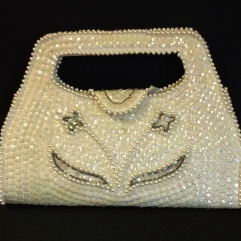White Pearl Beaded Sequin Bag By Debbie Evening Purse Handbag Special Occasion